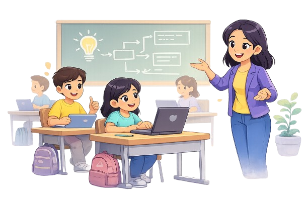 Aula con docente y estudiantes usando laptops y tabletas; niña y niño participan por igual con tecnología.