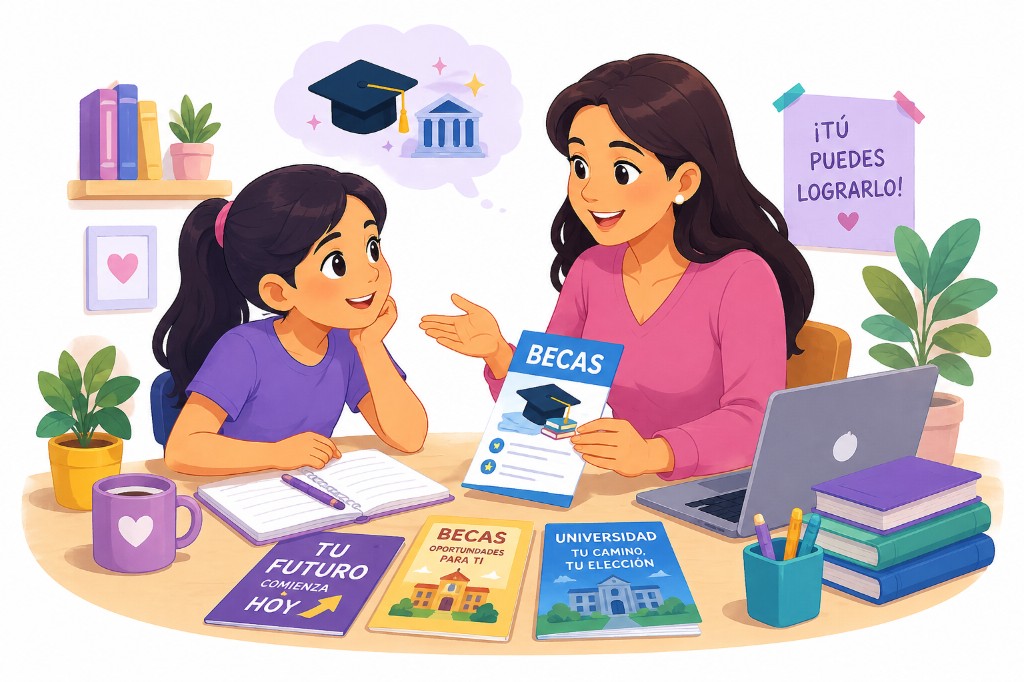 Madre o mentora conversa con una niña sobre becas y universidad, con folletos y libros de orientación en la mesa.